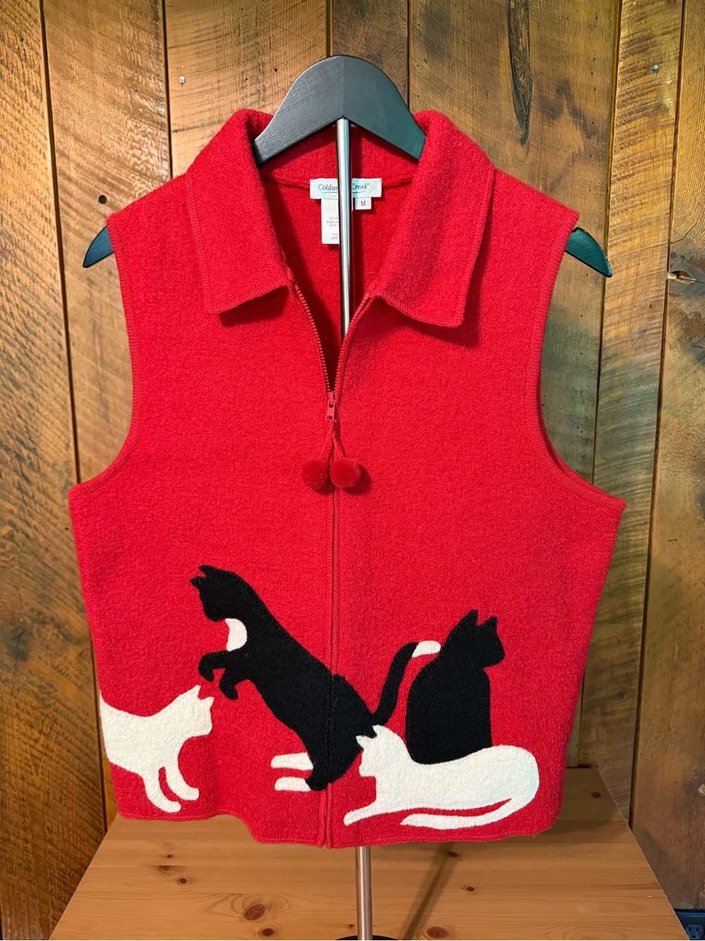 VTG 90s Coldwater Creek Red Boiled Wool Cat Vest Pom Pom Zip Size M Teacher Core